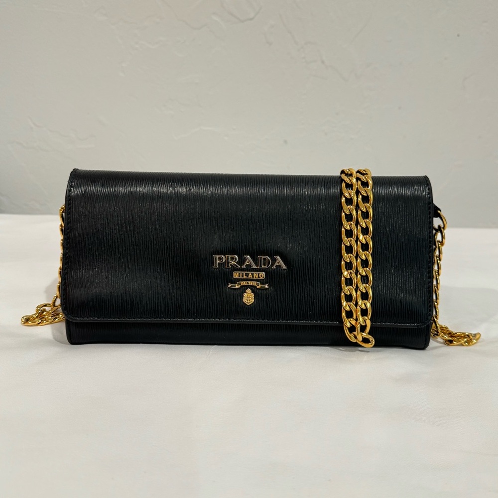 PRADA Saffiano Move Leather Oro Chain Wallet/Clutch/Crossbody